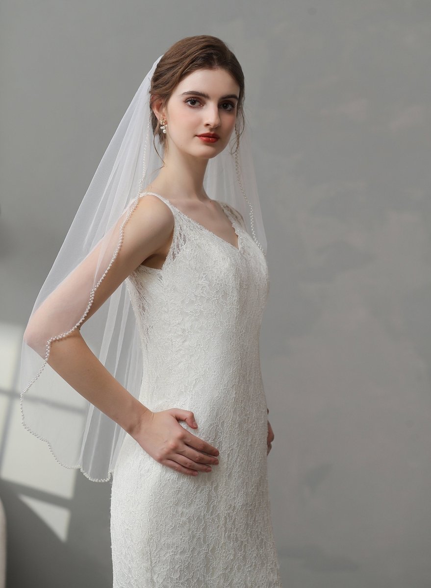 Vintage Pearls Ivory With Beaded Scalloped Bridal Veil Wedding Veil - KissProm