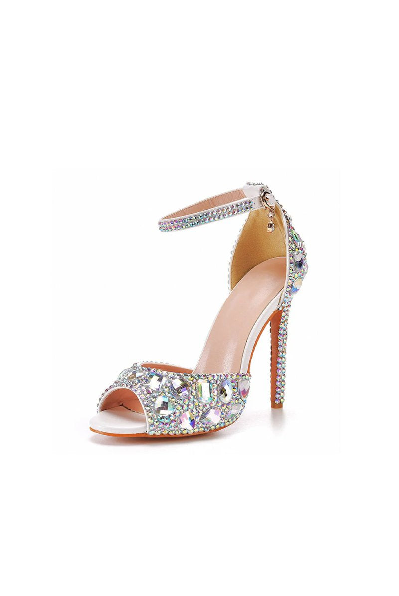 Peep Toe Big colored rhinestones Ankle Strap Stiletto Heels - KissProm