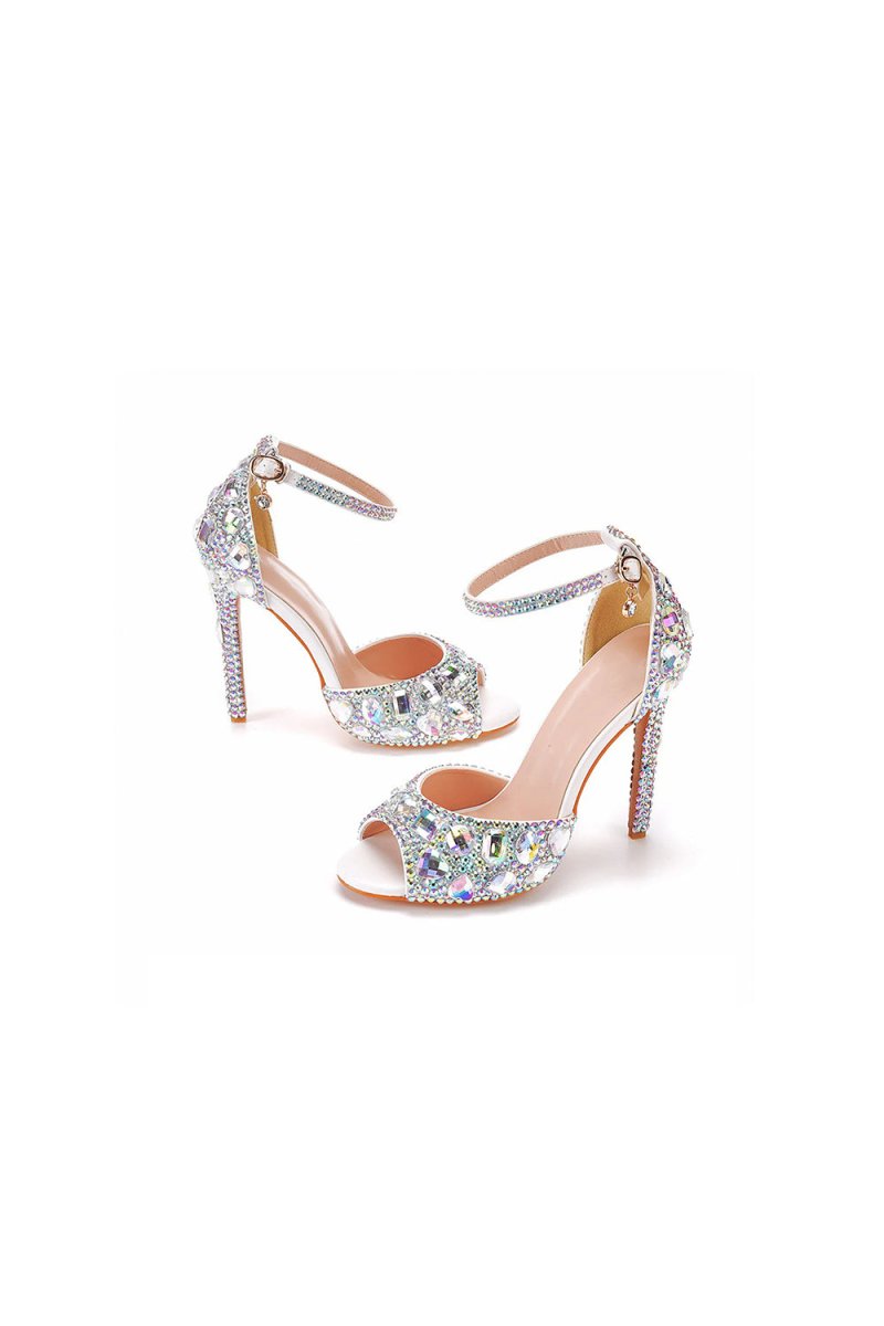 Peep Toe Big colored rhinestones Ankle Strap Stiletto Heels - KissProm