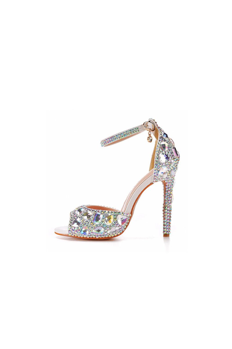 Peep Toe Big colored rhinestones Ankle Strap Stiletto Heels - KissProm