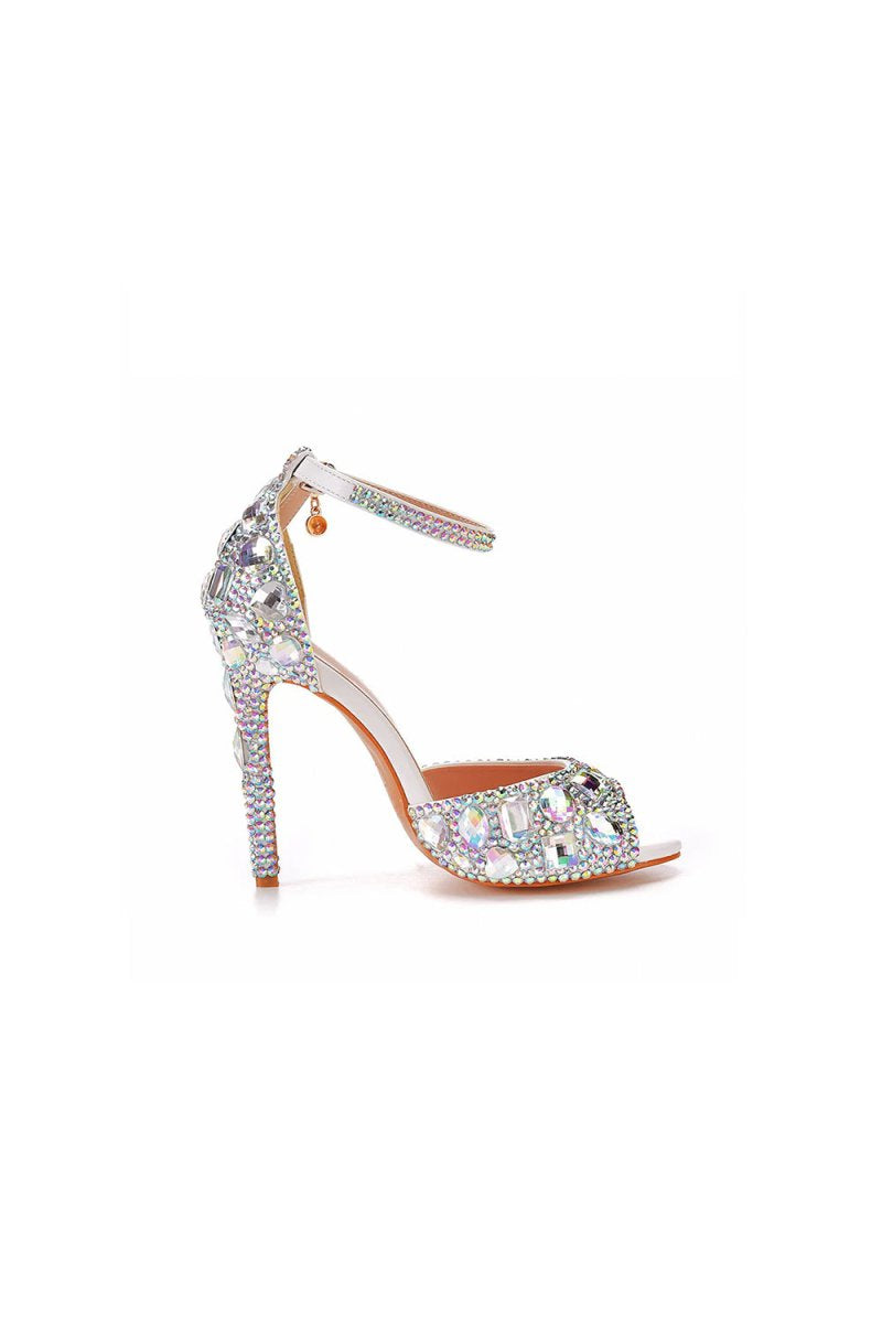 Peep Toe Big colored rhinestones Ankle Strap Stiletto Heels - KissProm