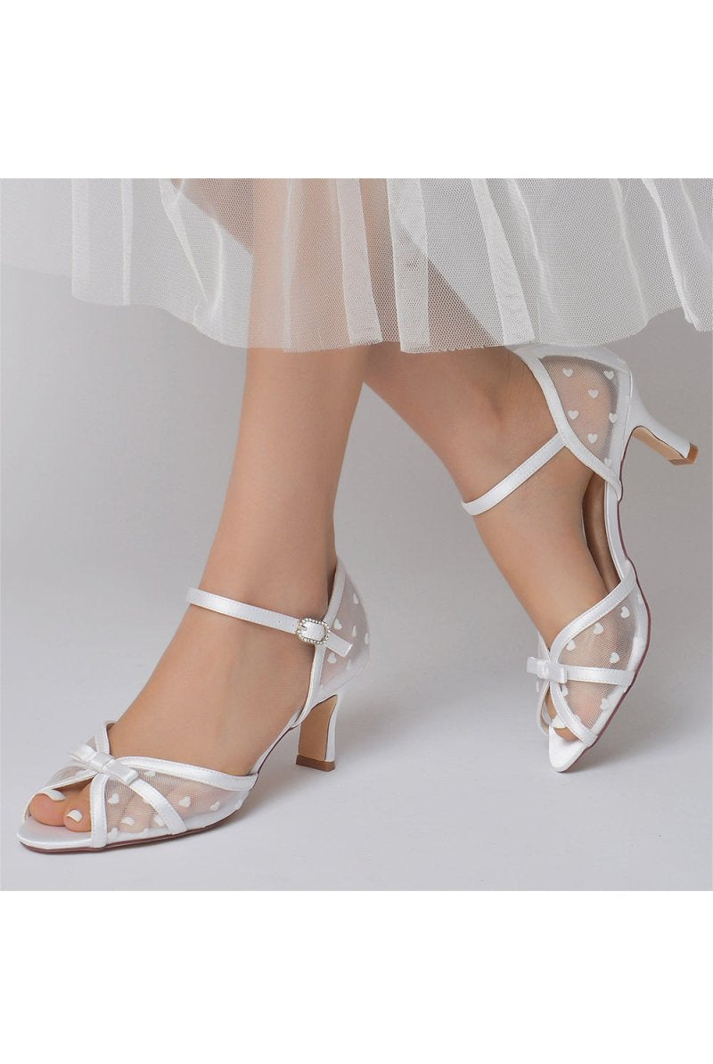 Peep Toe Mesh Strap Buckle Stiletto Heels With Bow - KissProm