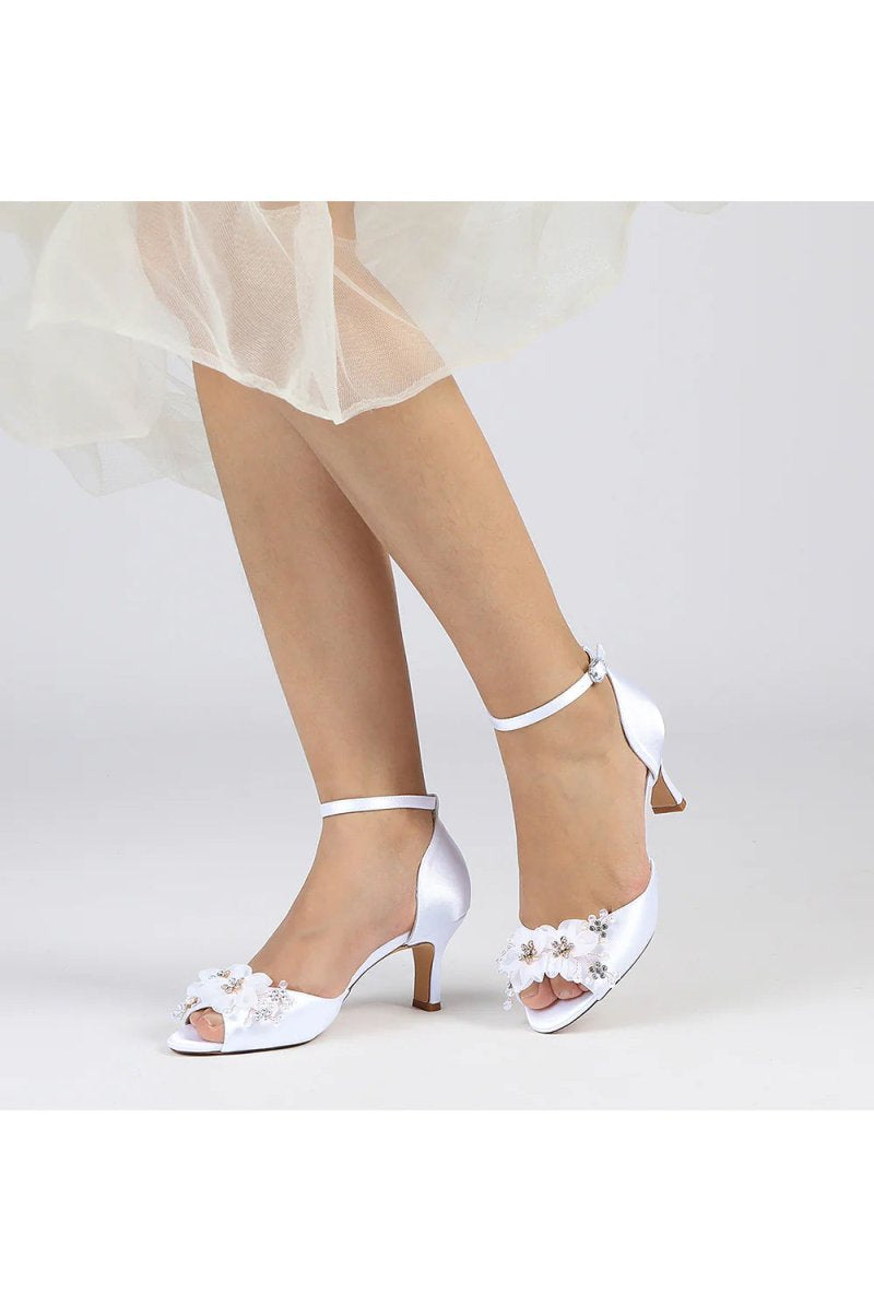 Peep Toe Rhinestone Chunky Heel Pumps with Flower - KissProm