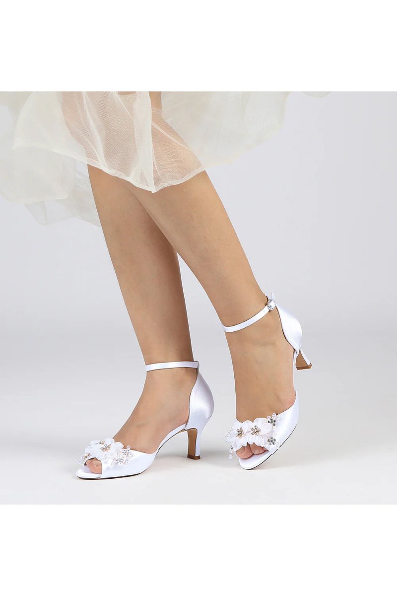 Peep Toe Rhinestone Chunky Heel Pumps with Flower - KissProm