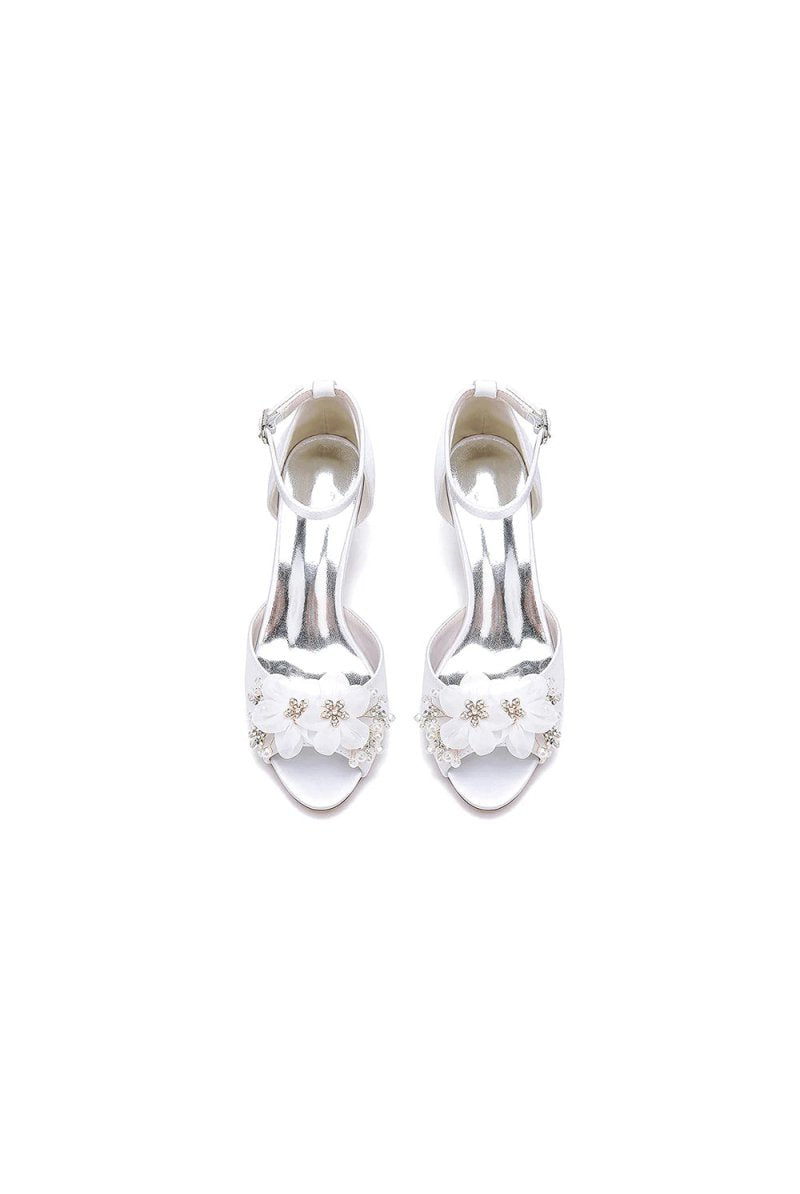 Peep Toe Rhinestone Chunky Heel Pumps with Flower - KissProm