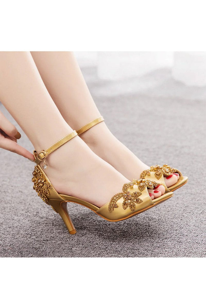 Peep Toe Satin Rhinestone Ankle Strap High Heels - KissProm