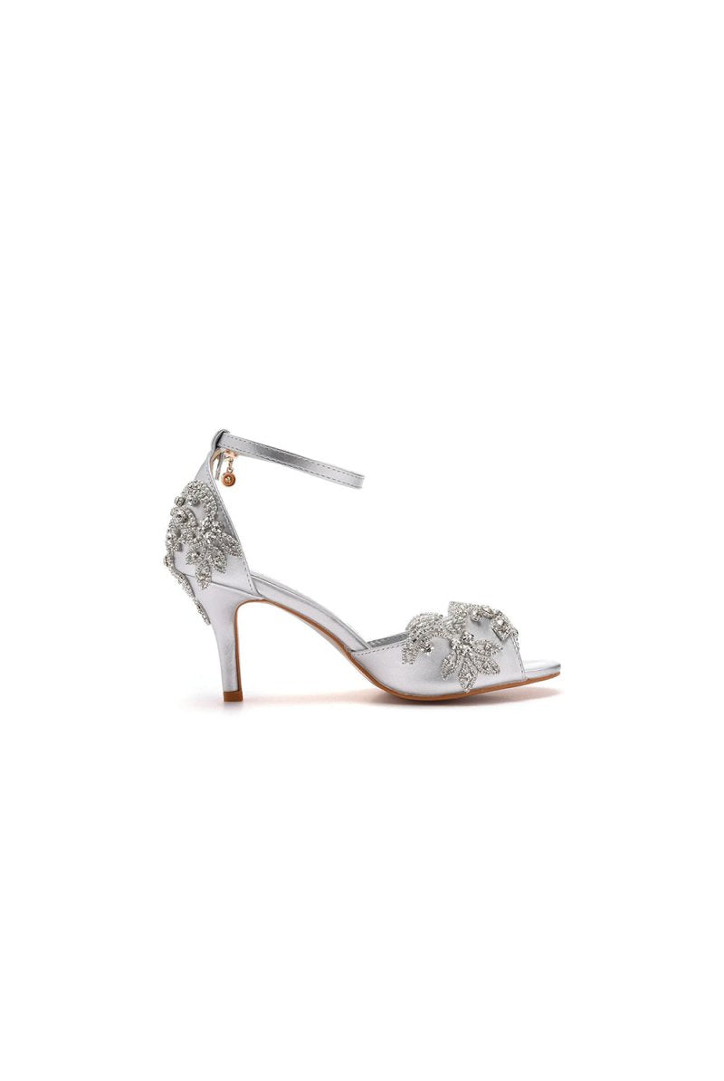 Peep Toe Satin Rhinestone Ankle Strap High Heels - KissProm