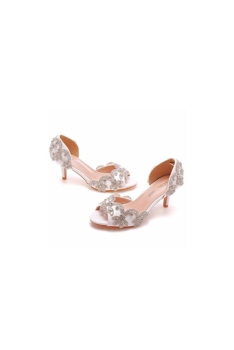 Peep Toe Satin Rhinestone Slip On High Heels - KissProm