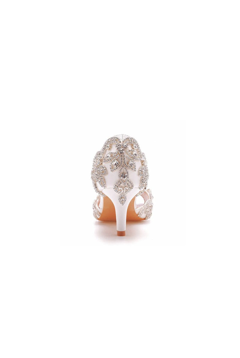 Peep Toe Satin Rhinestone Slip On High Heels - KissProm