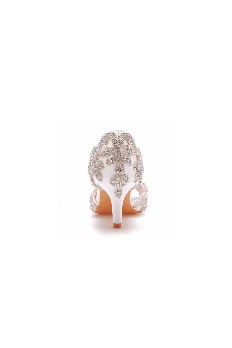 Peep Toe Satin Rhinestone Slip On High Heels - KissProm