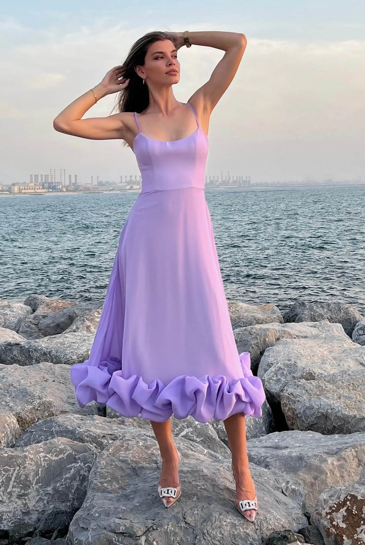 Percival | A Line Satin White Long Prom Dresses with Ruffles