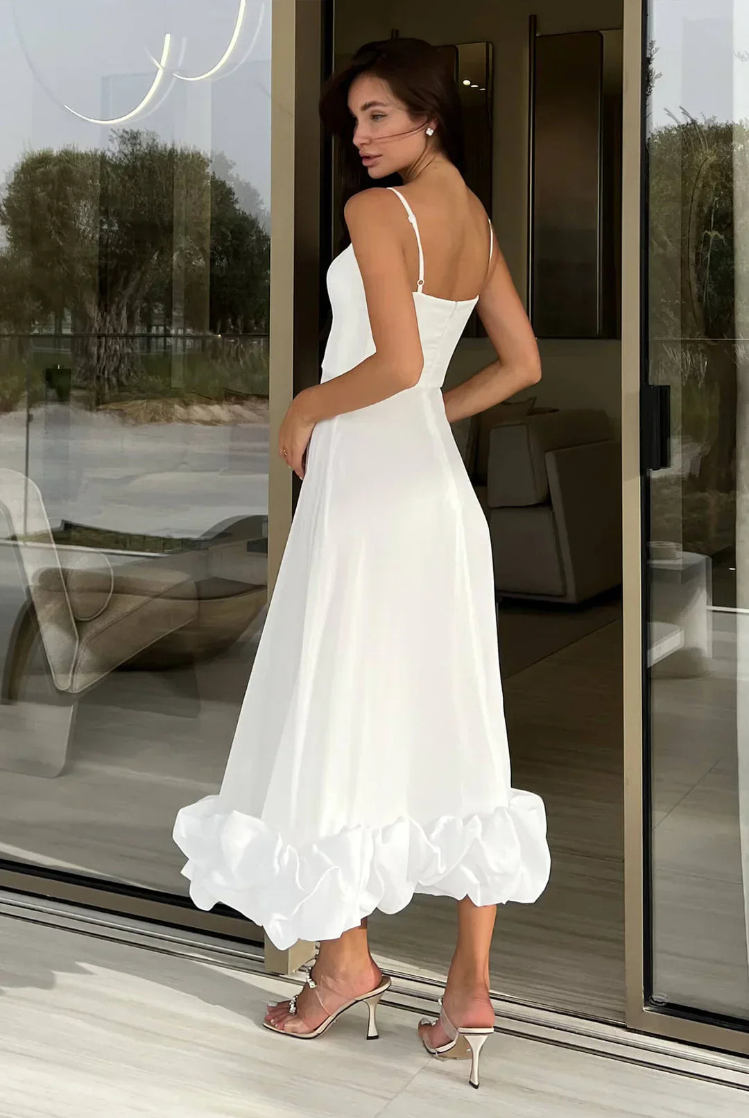 Percival | A Line Satin White Long Prom Dresses with Ruffles