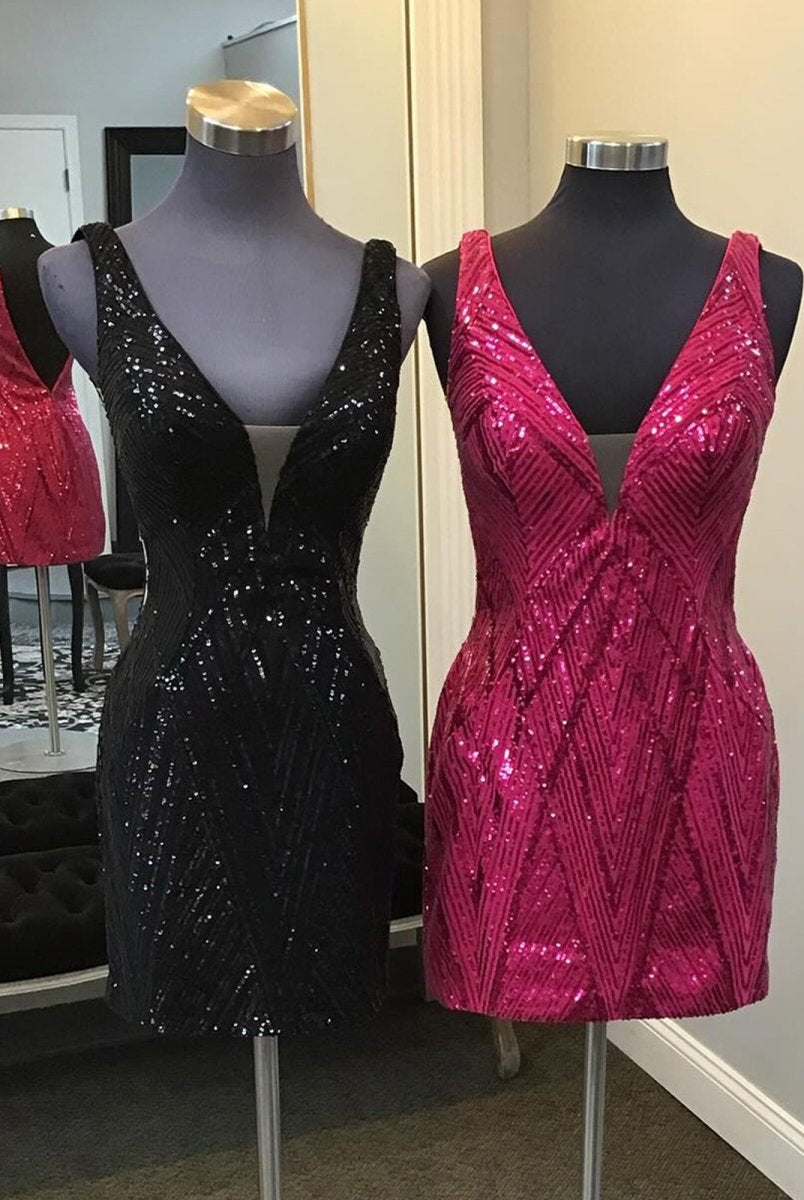 Perdina | Black - V-neck Sequins Short Homecoming Dress With Open Back