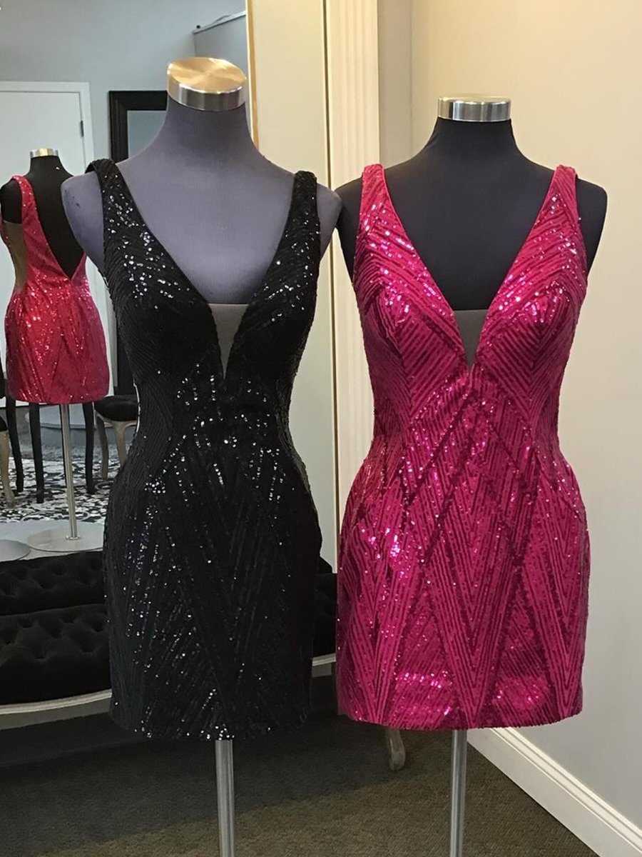 Perdina | Black - V-neck Sequins Short Homecoming Dress With Open Back