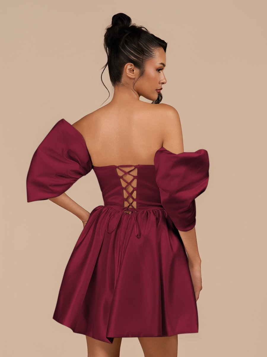Perenna | Burgundy - A Line Satin Square Neck Puffed Sleeves Short Homecoming Dresses - KissProm