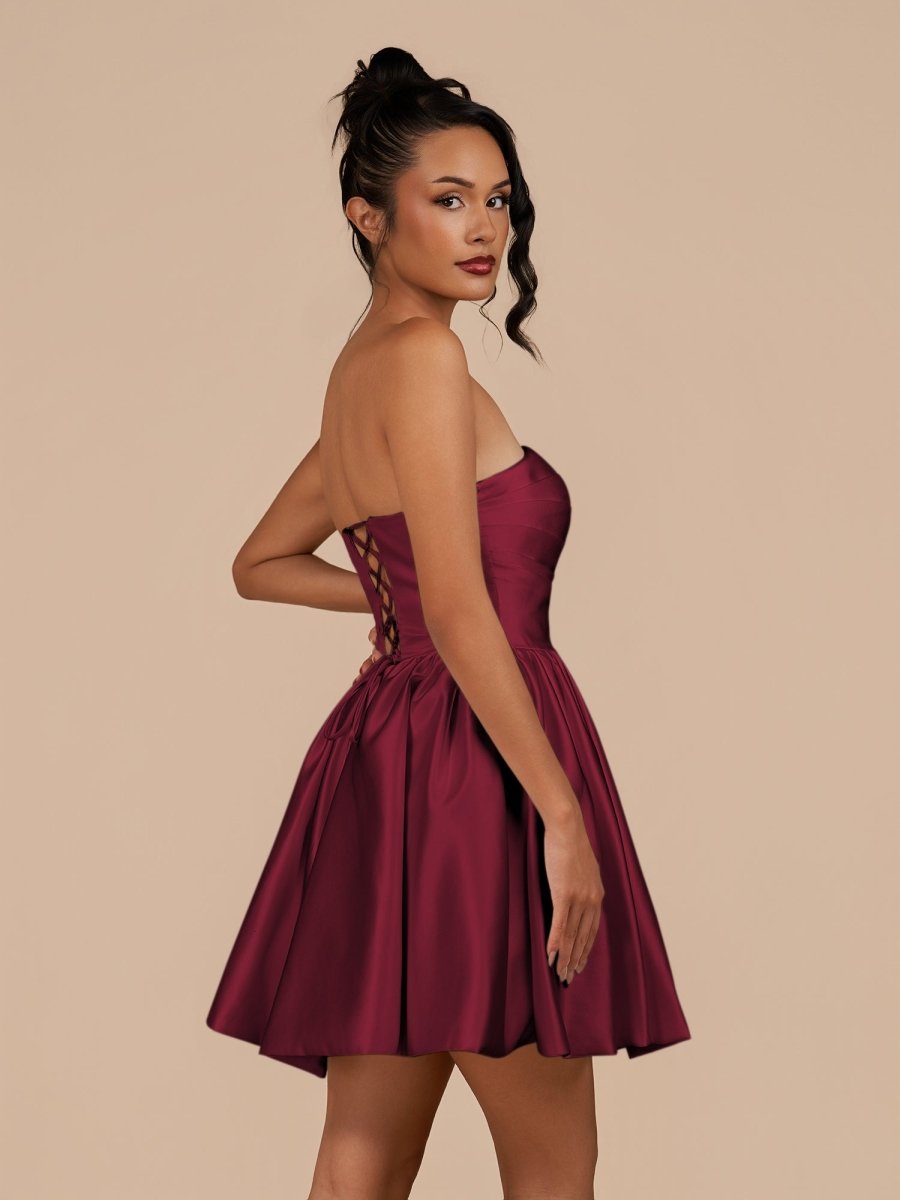 Perenna | Burgundy - A Line Satin Square Neck Puffed Sleeves Short Homecoming Dresses - KissProm