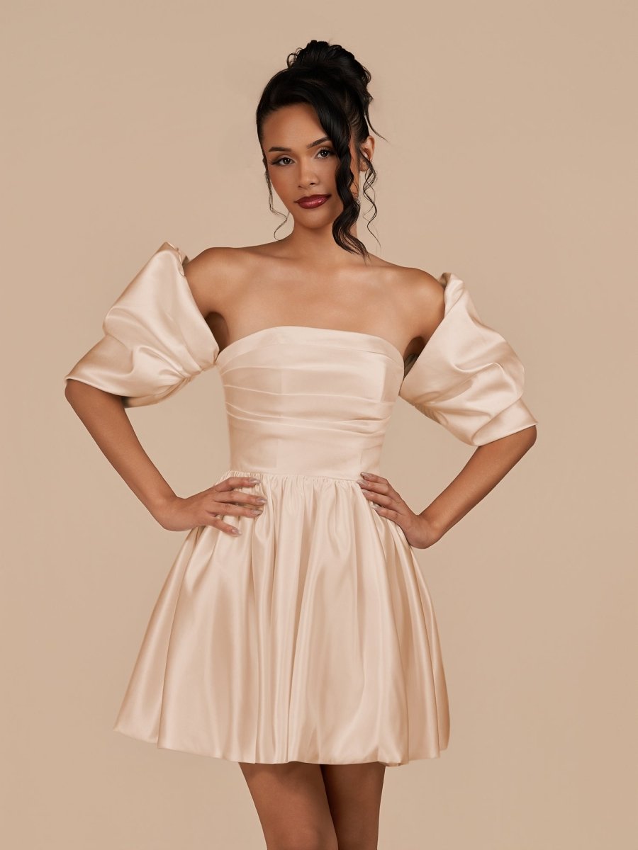 Champagne - A Line Satin Strapless Puffed Sleeves Short Homecoming Dresses Champagne / 16 Champagne - A Line Satin Strapless Puffed Sleeves Short Homecoming Dresses Champagne / 16