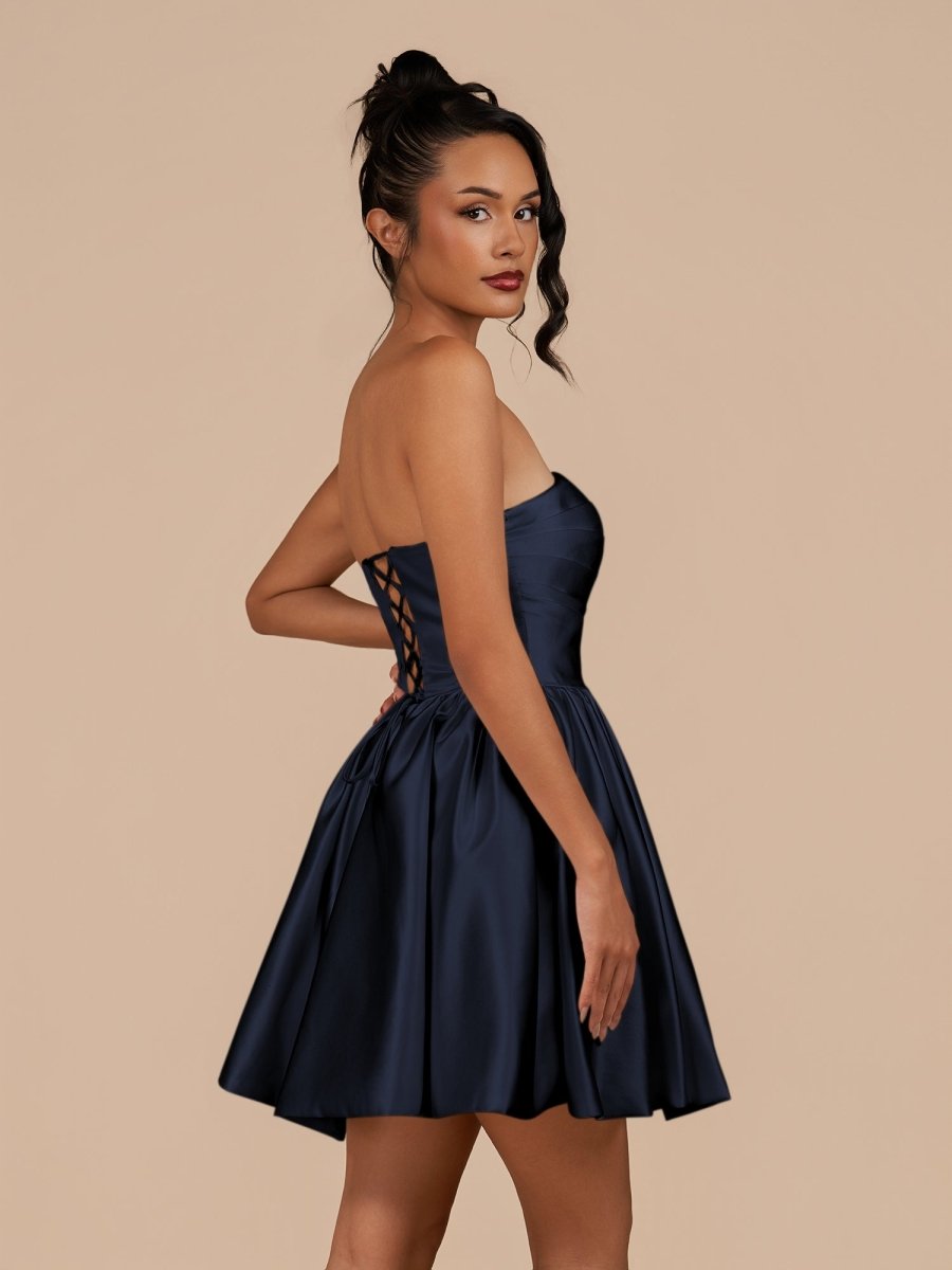 Perenna | Navy Blue - A Line Satin Square Neck Puffed Sleeves Short Homecoming Dresses