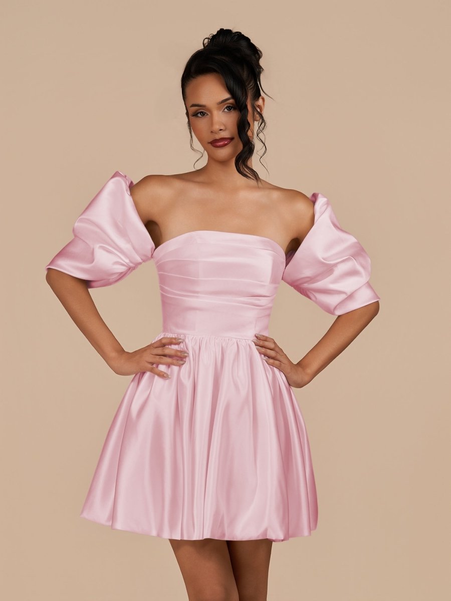 Perenna | Pink - A Line Satin Square Neck Puffed Sleeves Short Homecoming Dresses - KissProm