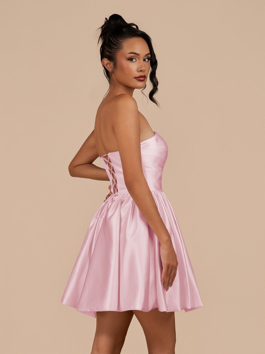 Perenna | Pink - A Line Satin Square Neck Puffed Sleeves Short Homecoming Dresses - KissProm