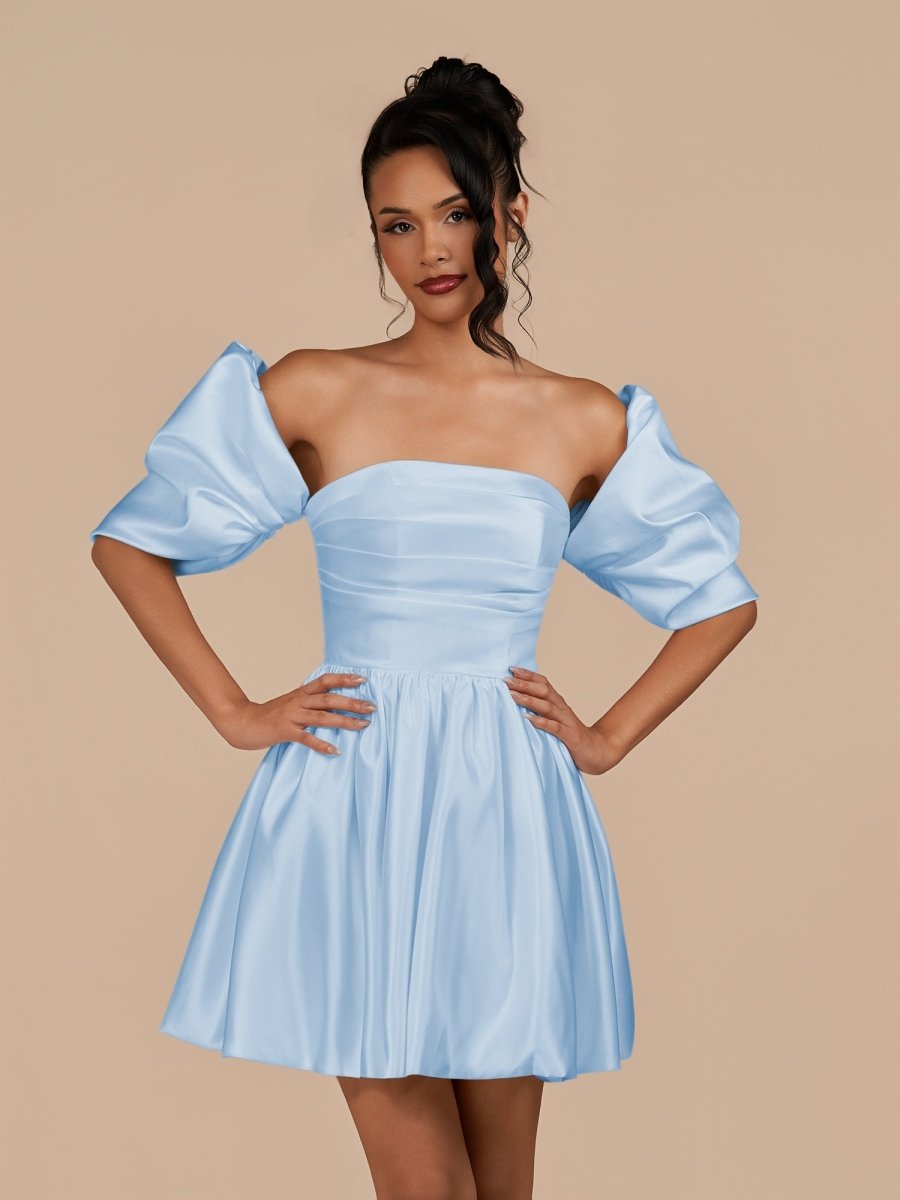 Perenna | Sky Blue - A Line Satin Square Neck Puffed Sleeves Short Homecoming Dresses - KissProm