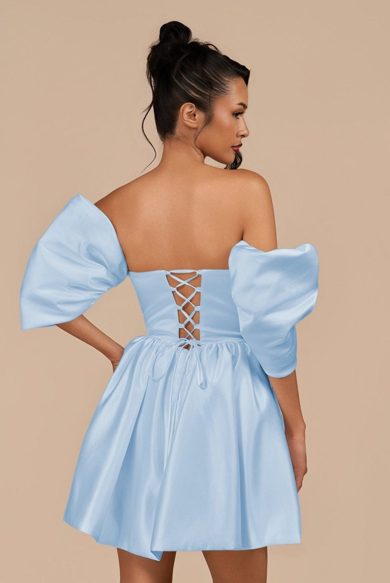 Perenna | Sky Blue - A Line Satin Square Neck Puffed Sleeves Short Homecoming Dresses - KissProm