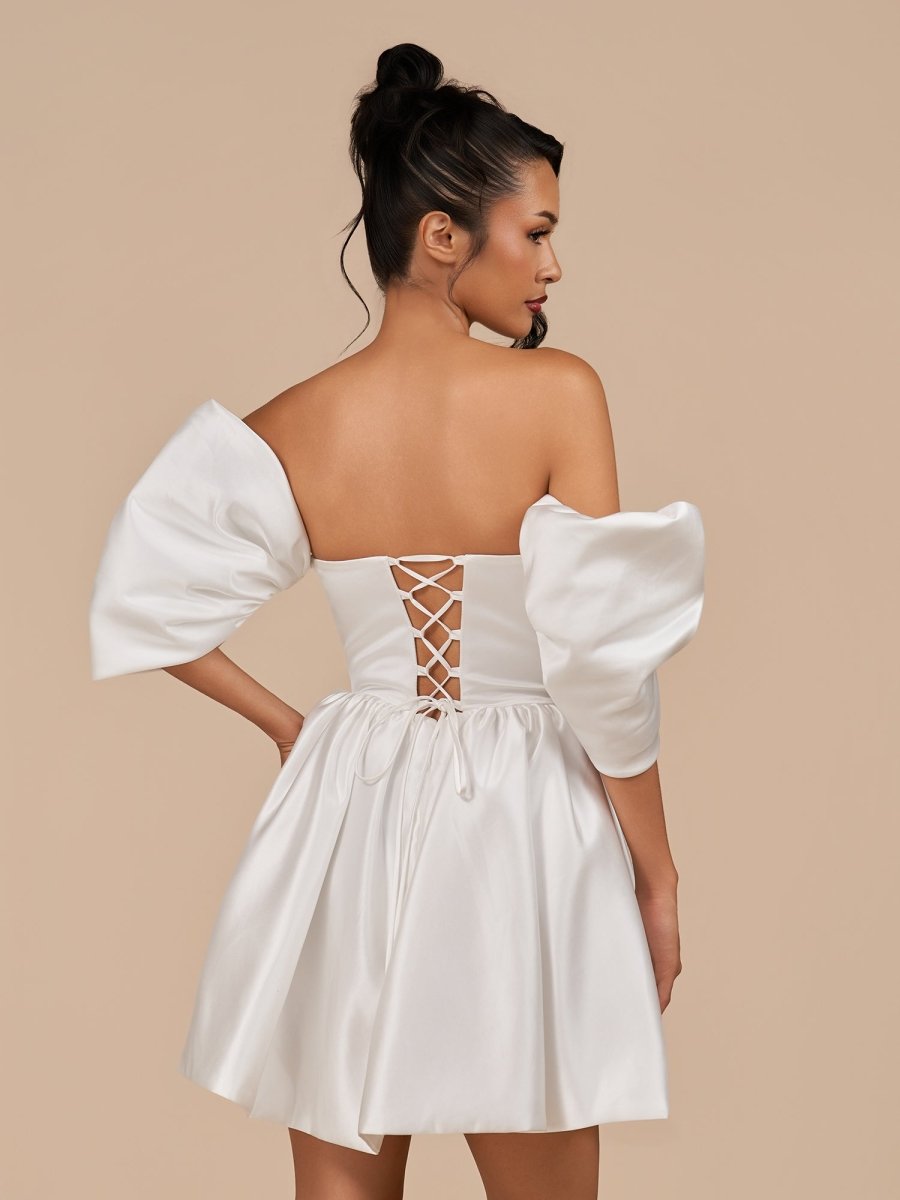 Perenna | Ivory - A Line Satin Square Neck Puffed Sleeves Short Homecoming Dresses - KissProm
