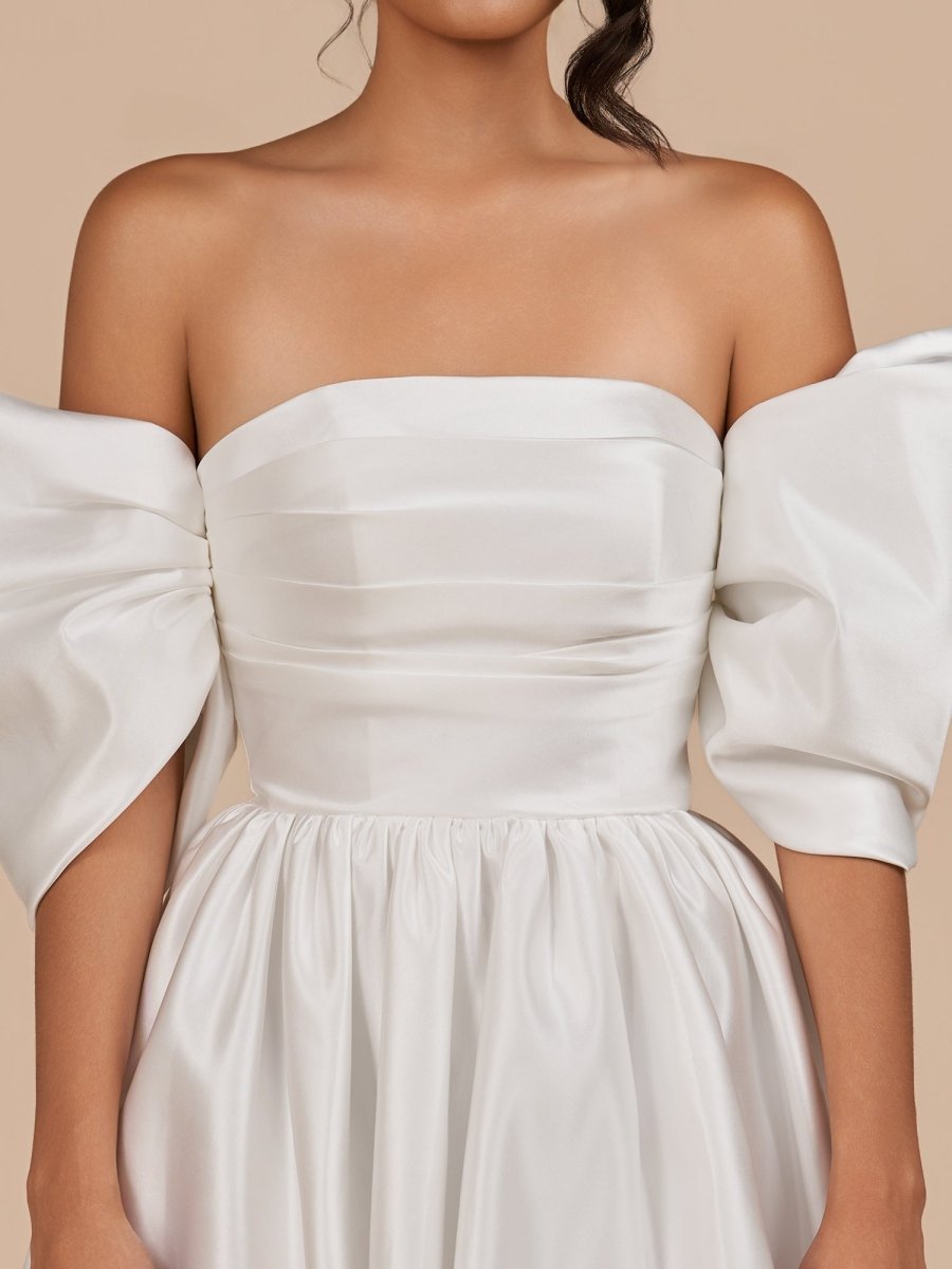 Perenna | Ivory - A Line Satin Square Neck Puffed Sleeves Short Homecoming Dresses - KissProm