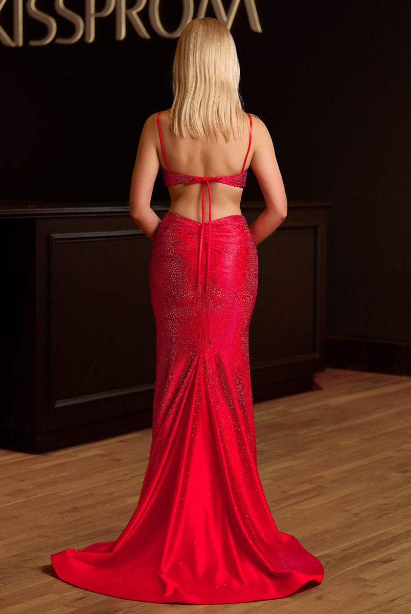 Petra | Red Spaghetti Straps Cutout Beaded Mermaid Long Dress With Split