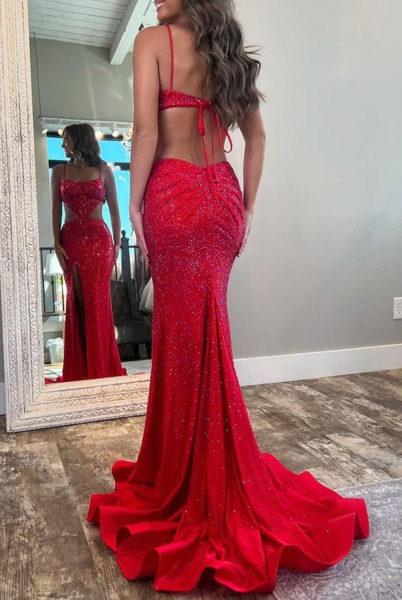 Petra | Red Spaghetti Straps Cutout Beaded Mermaid Long Dress With Split