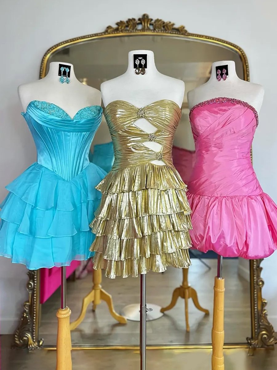 Phaedra | Pink - Strapless A Line Satin Pleated Homecoming Dress With Beading