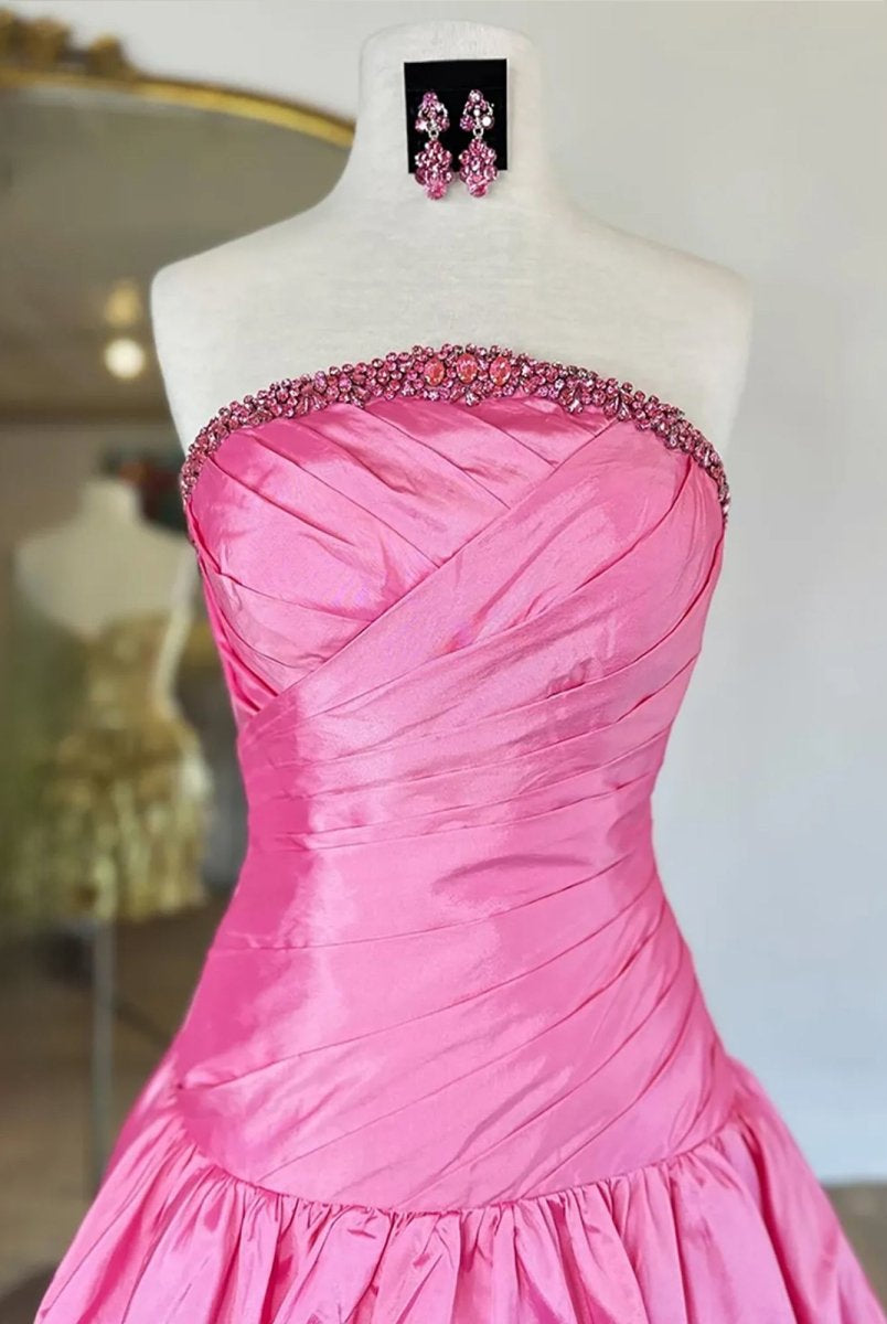 Phaedra | Pink - Strapless A Line Satin Pleated Homecoming Dress With Beading