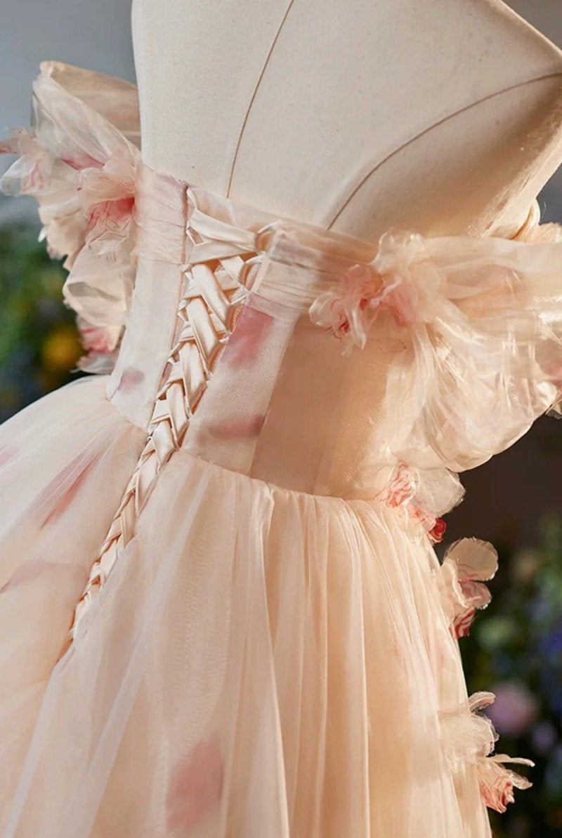 Phebian | Champagne Off the Shoulder Tulle Floral Floor Length Long Prom Dresses