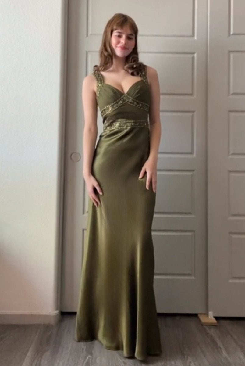 Philomena | Olive Green Sheath Satin Beaded Long Prom Dresses