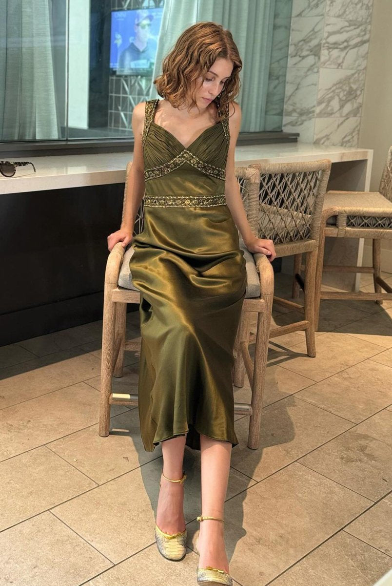 Philomena | Olive Green Sheath Satin Beaded Long Prom Dresses