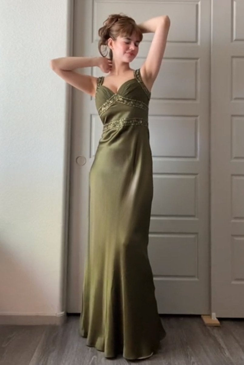 Philomena | Olive Green Sheath Satin Beaded Long Prom Dresses
