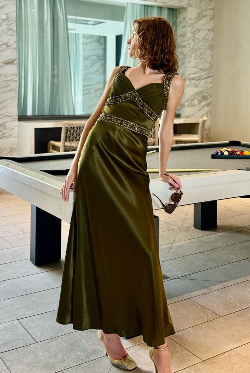 Philomena | Olive Green Sheath Satin Beaded Long Prom Dresses