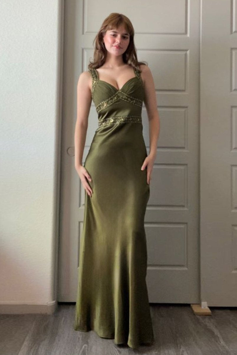 Philomena | Olive Green Sheath Satin Beaded Long Prom Dresses