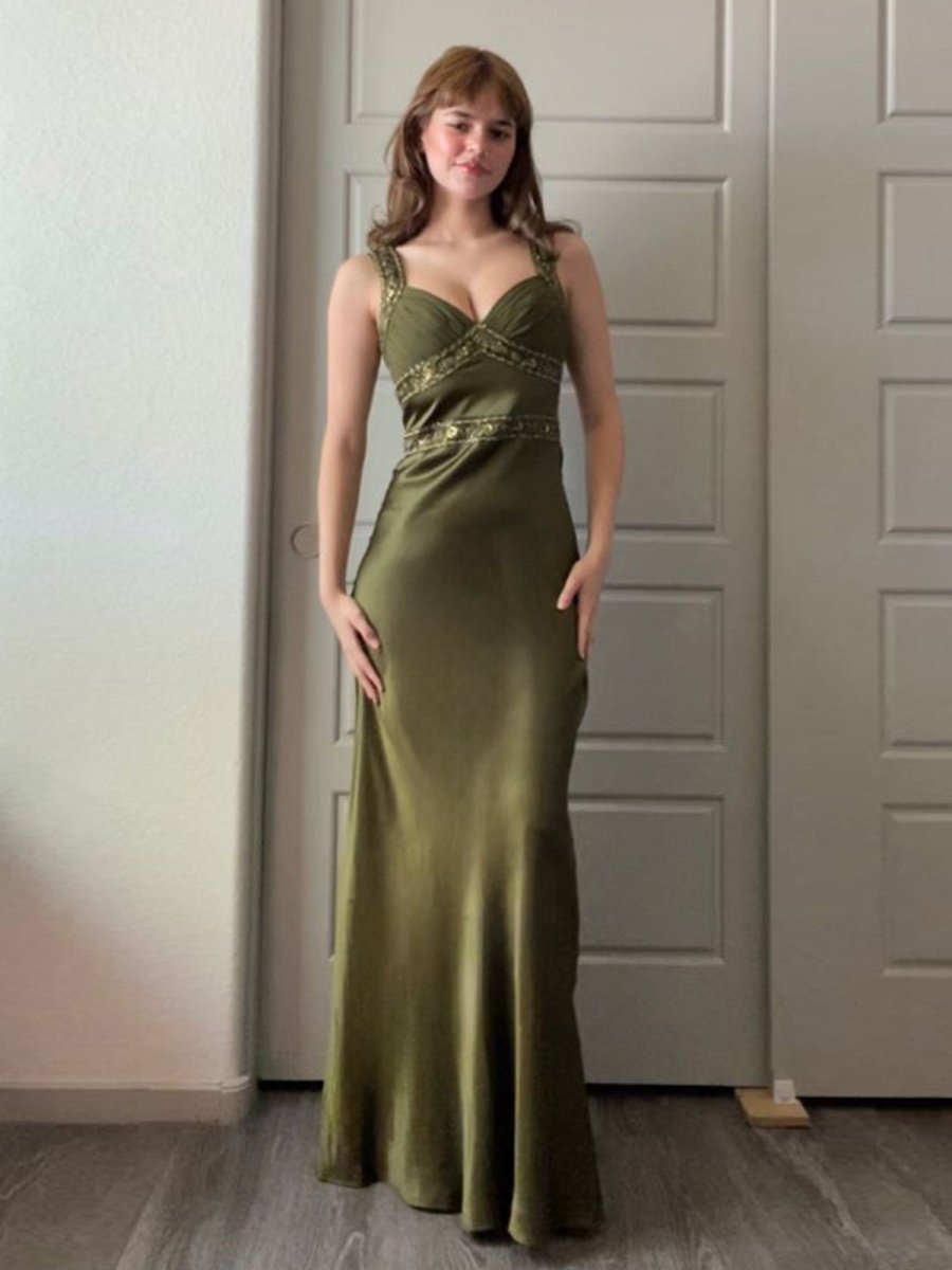 Olive Green Sheath Satin Beaded Long Prom Dresses Olive / 18 Olive Green Sheath Satin Beaded Long Prom Dresses Olive / 18