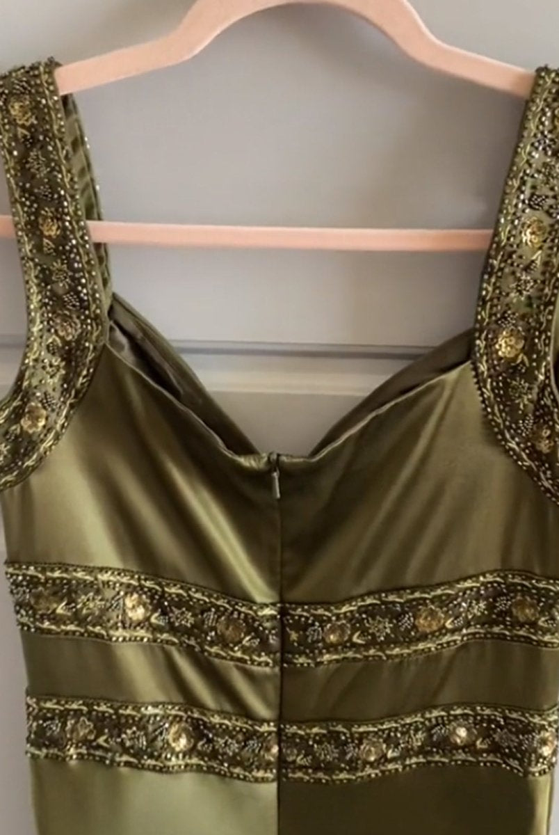 Philomena | Olive Green Sheath Satin Beaded Long Prom Dresses