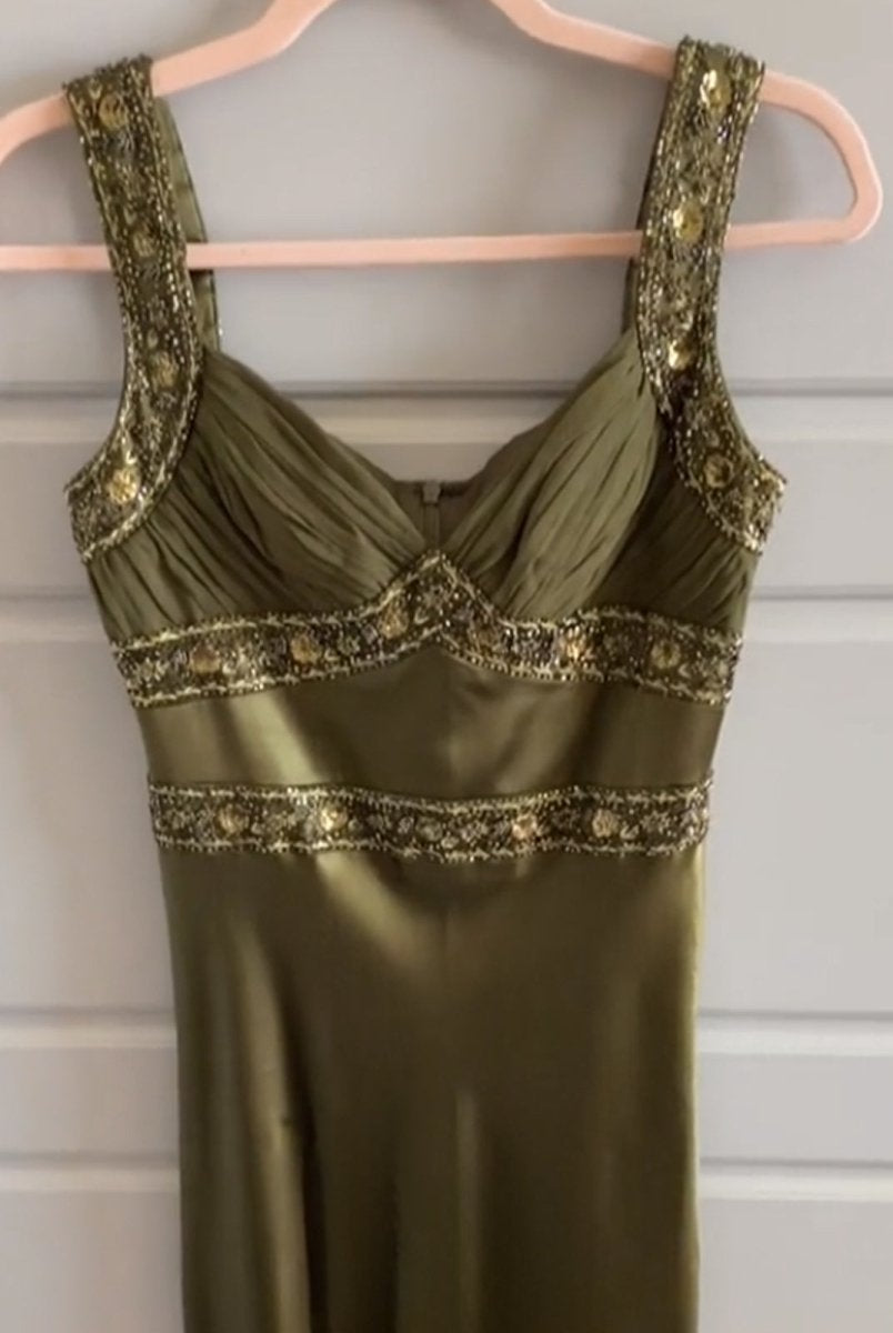 Philomena | Olive Green Sheath Satin Beaded Long Prom Dresses