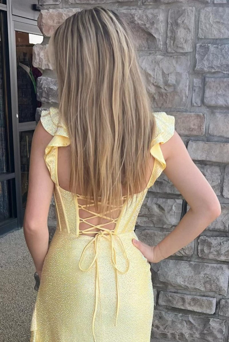 KissProm-Phyllis Mermaid Yellow Spaghetti Straps Satin Beaded Long Prom Dress