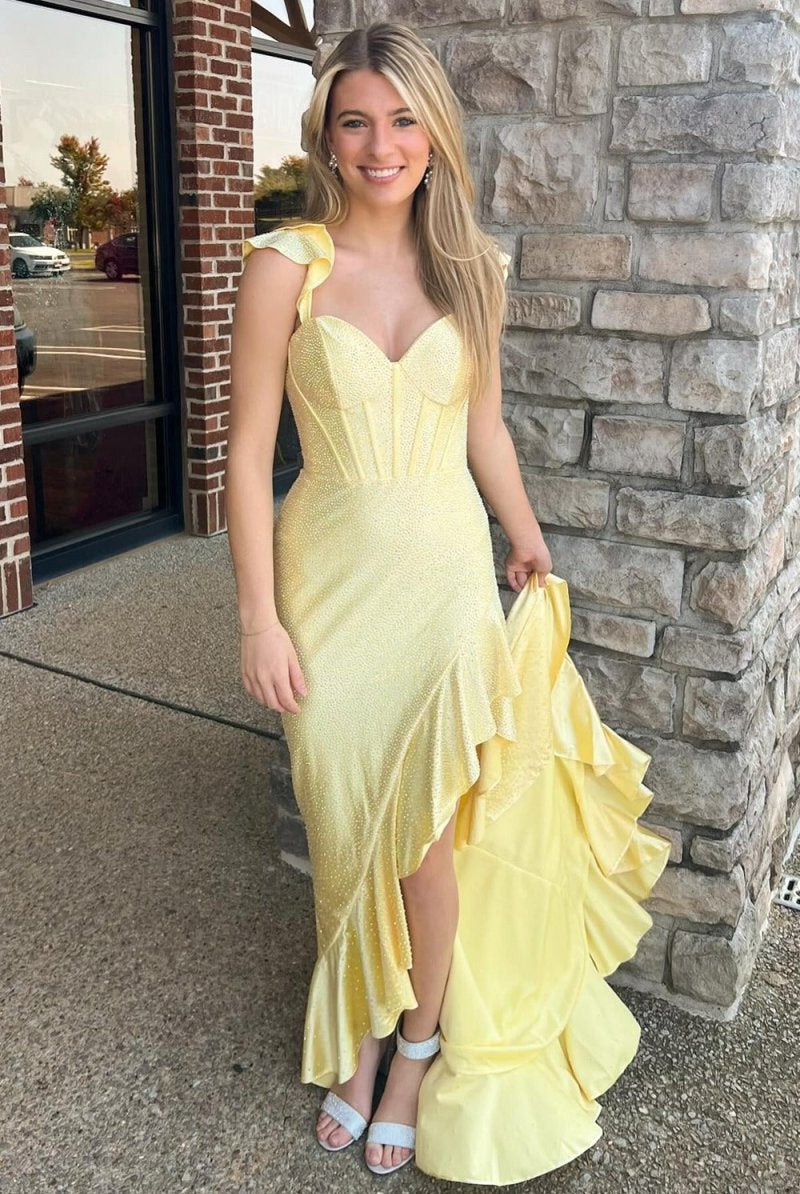 KissProm-Phyllis Mermaid Yellow Spaghetti Straps Satin Beaded Long Prom Dress