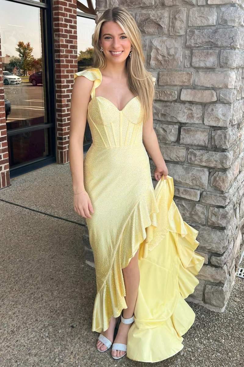 KissProm-Phyllis Mermaid Yellow Spaghetti Straps Satin Beaded Long Prom Dress