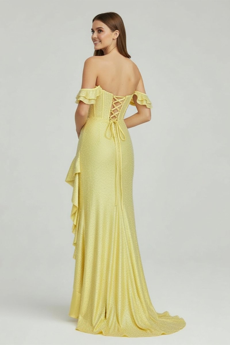KissProm-Phyllis Mermaid Yellow Spaghetti Straps Satin Beaded Long Prom Dress