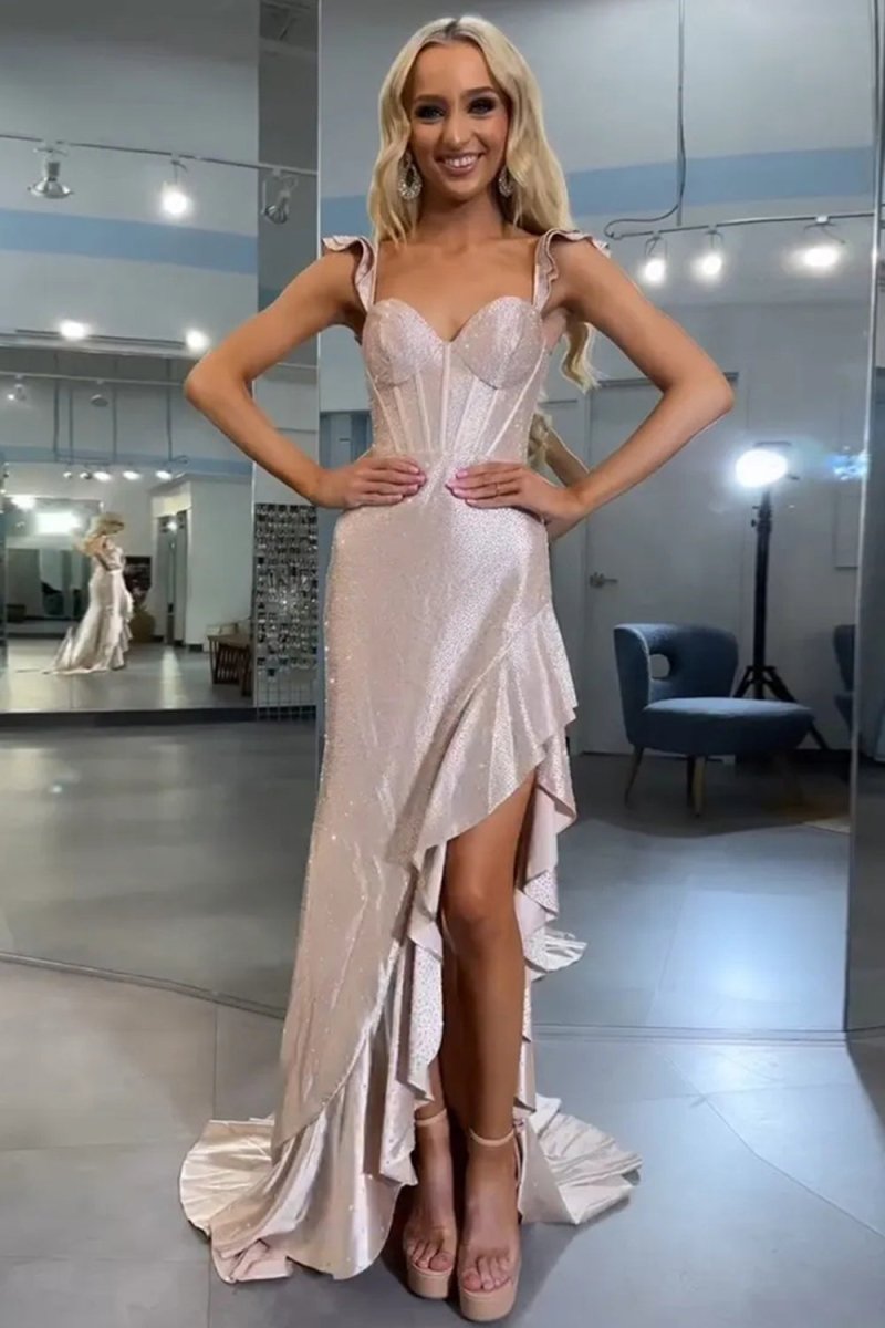 KissProm-Phyllis Mermaid Champagne Spaghetti Straps Satin Beaded Long Prom Dress