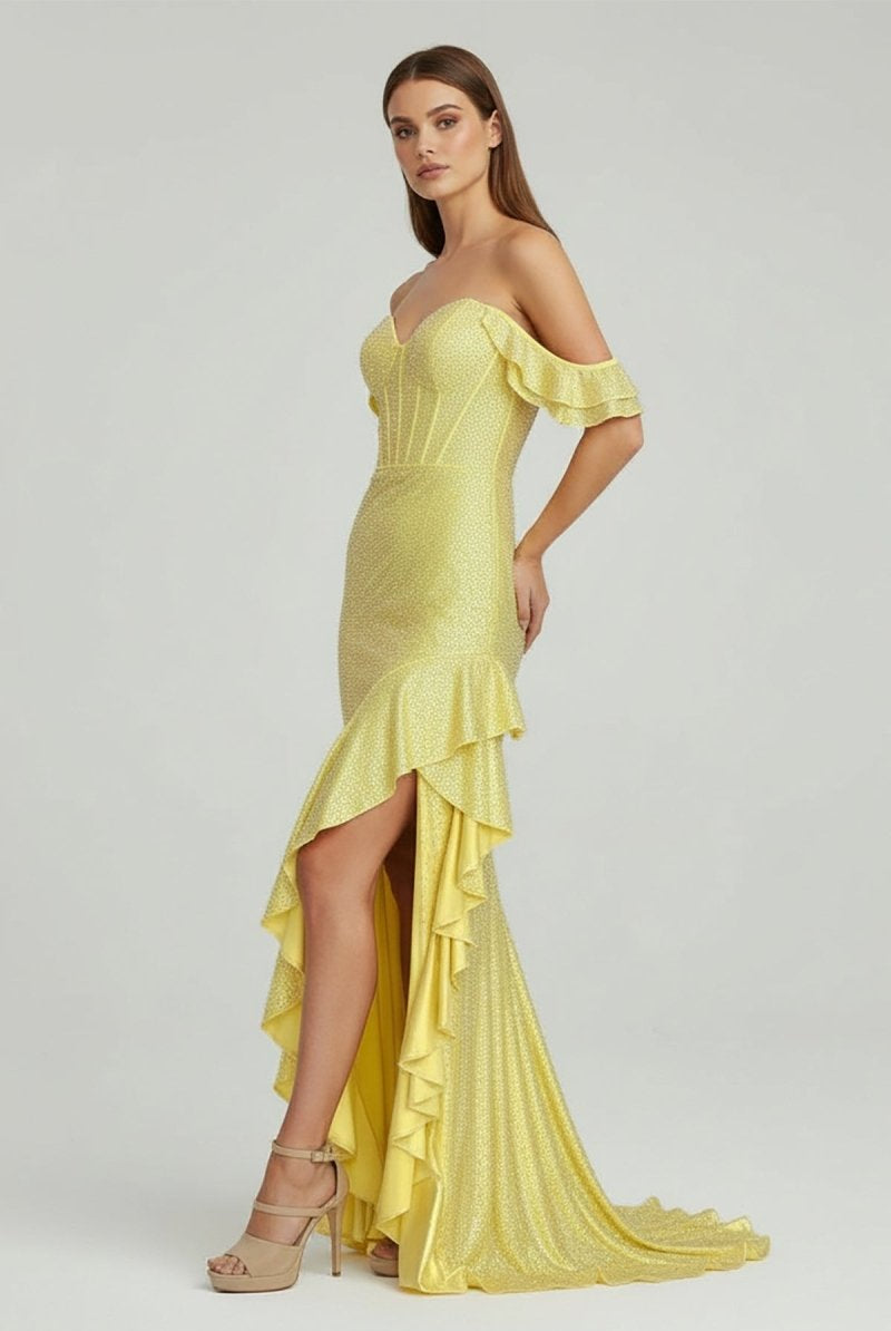 KissProm-Phyllis Mermaid Yellow Spaghetti Straps Satin Beaded Long Prom Dress