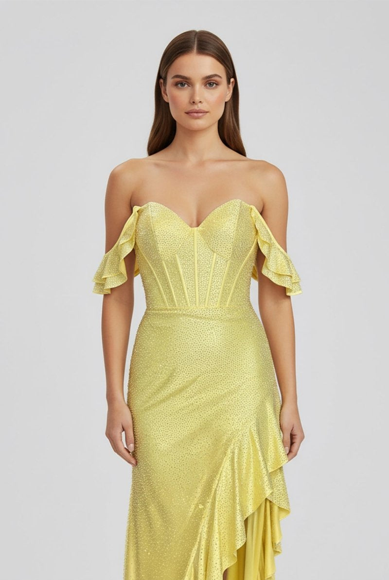 KissProm-Phyllis Mermaid Yellow Spaghetti Straps Satin Beaded Long Prom Dress