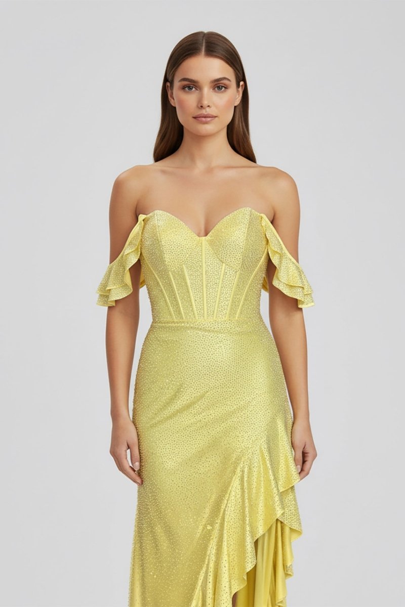 KissProm-Phyllis Mermaid Yellow Spaghetti Straps Satin Beaded Long Prom Dress
