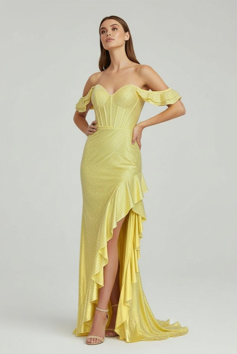 KissProm-Phyllis Mermaid Yellow Spaghetti Straps Satin Beaded Long Prom Dress